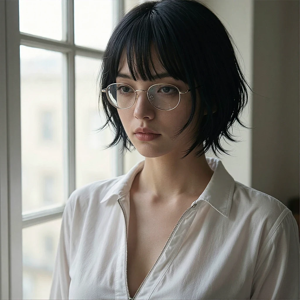 Square avatar of a fictional AI character with short blonde hair